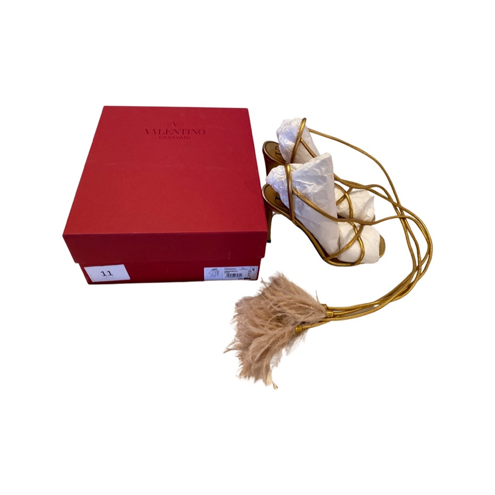 Sexy Valentino Metallic gold strappy  sandal heels with Ostrich feathers - Picture 5 of 8